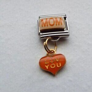 Mom Luv you orange heart dangle 9mm stainless steel italian charm bracelet link